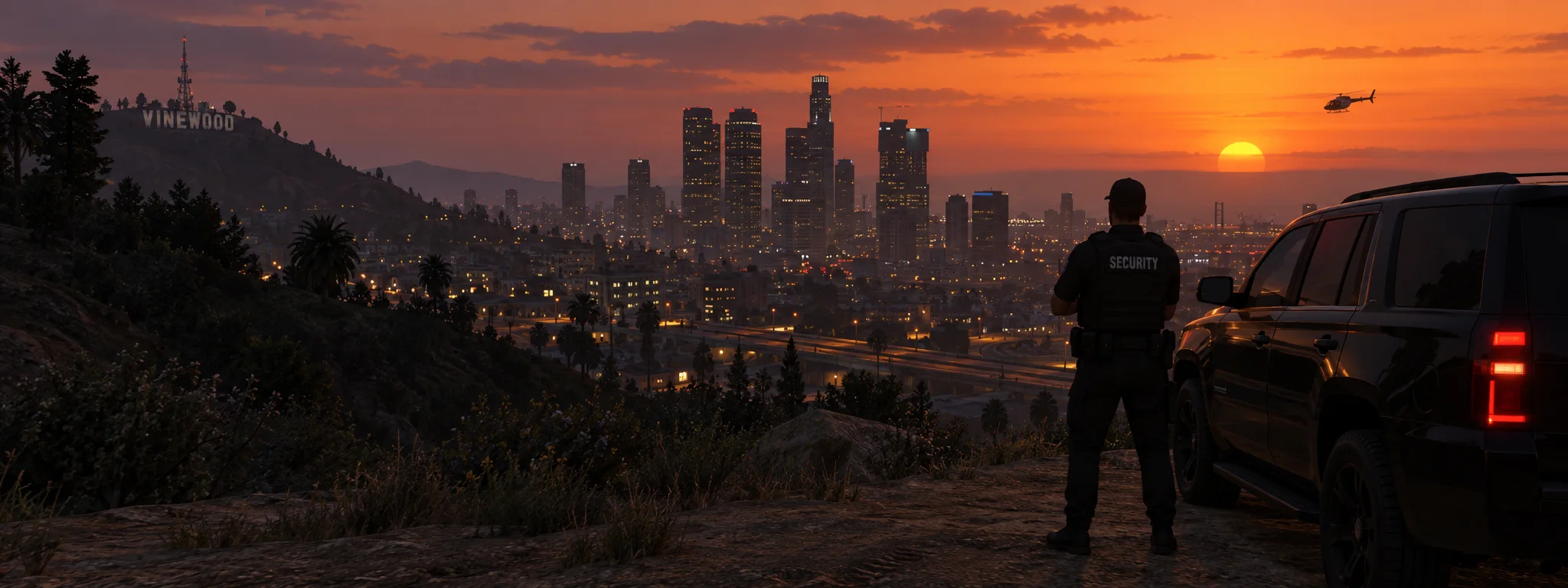 A Vanguard officer overlooking Los Santos at sunset