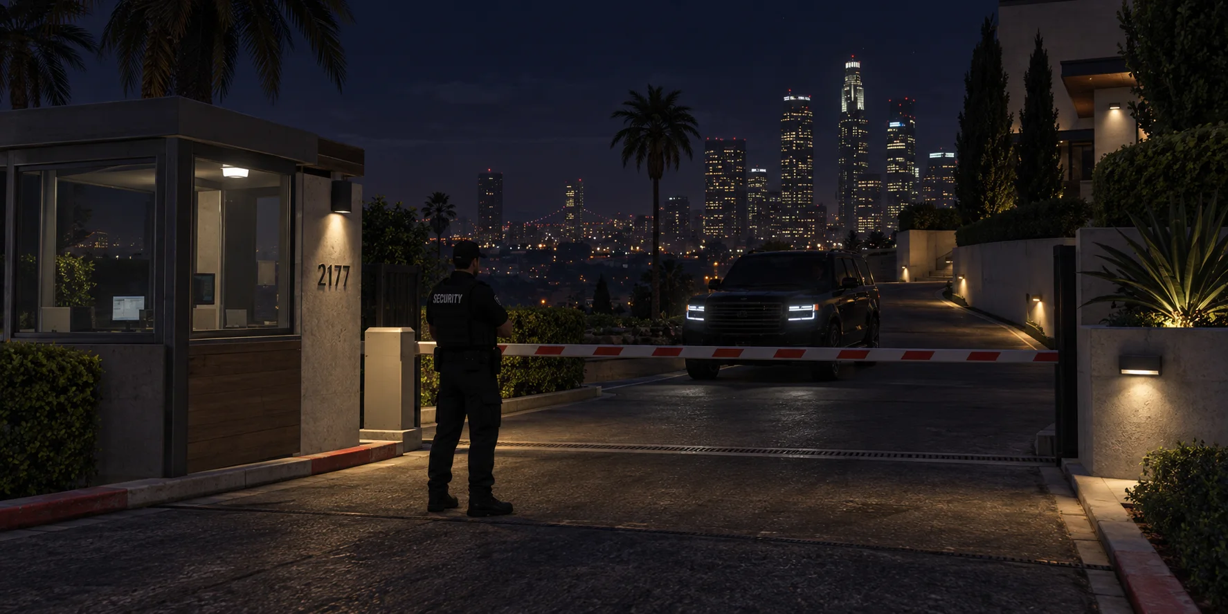 A patrol officer at a luxury estate gate