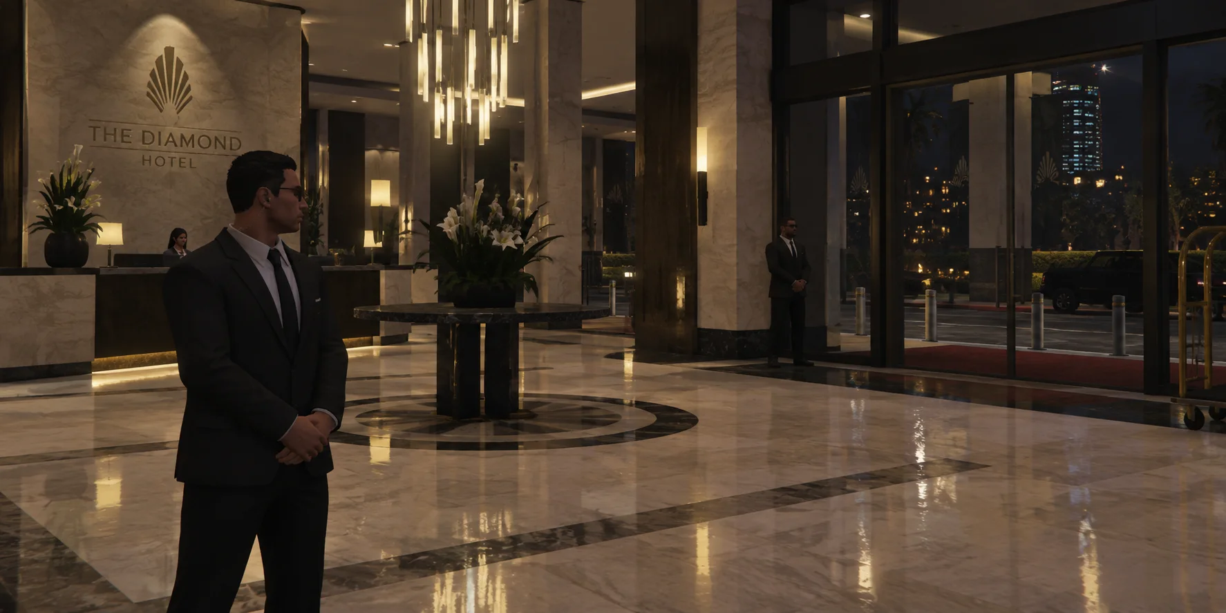 Close-protection officers in a luxury lobby