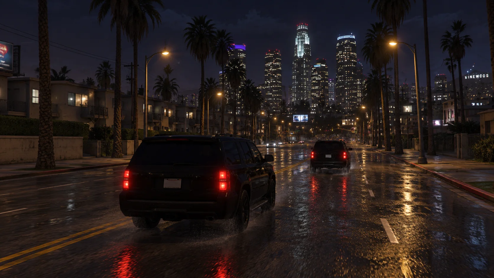 A black SUV escort on a city street at dusk